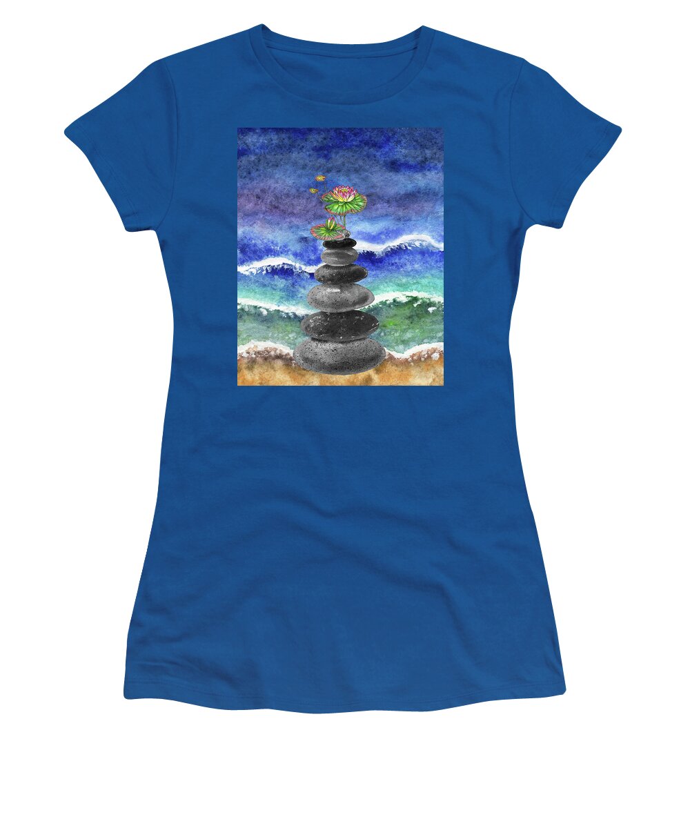 Zen Rocks Women's T-Shirt featuring the painting Zen Rocks Cairn Meditative Tower Water Lily Flower Watercolor by Irina Sztukowski