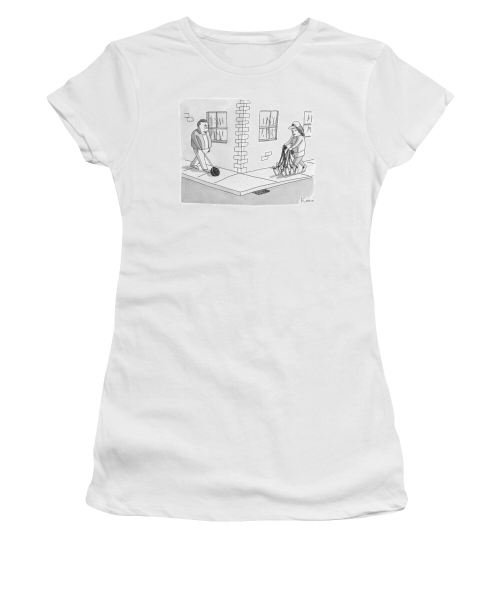 Street Scenes Women's T-Shirt featuring the drawing A Man With A Bowling Ball On A Leash And A Woman by Zachary Kanin