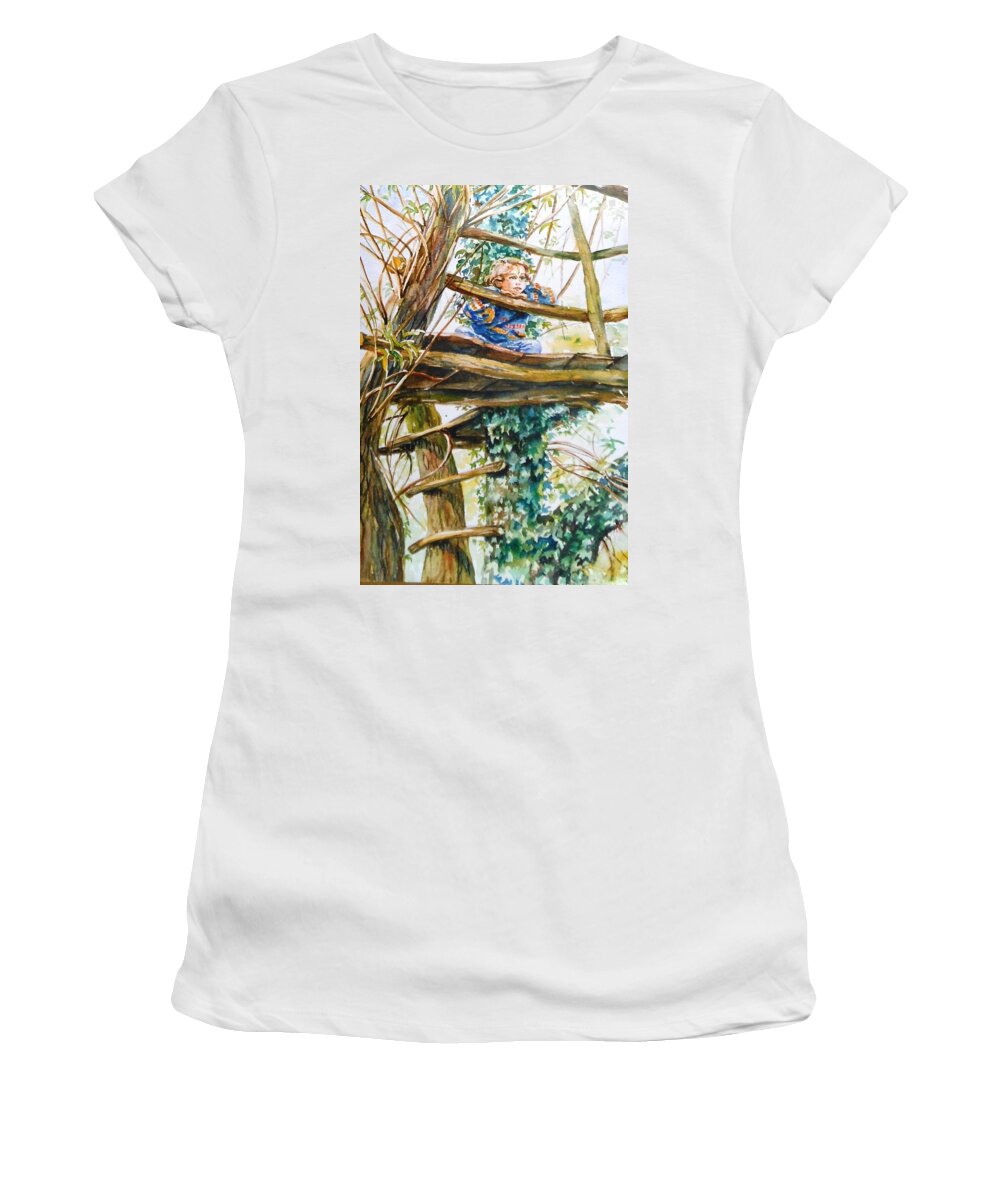 Tree House Women's T-Shirt featuring the painting Long Long Thoughts by Trudi Doyle