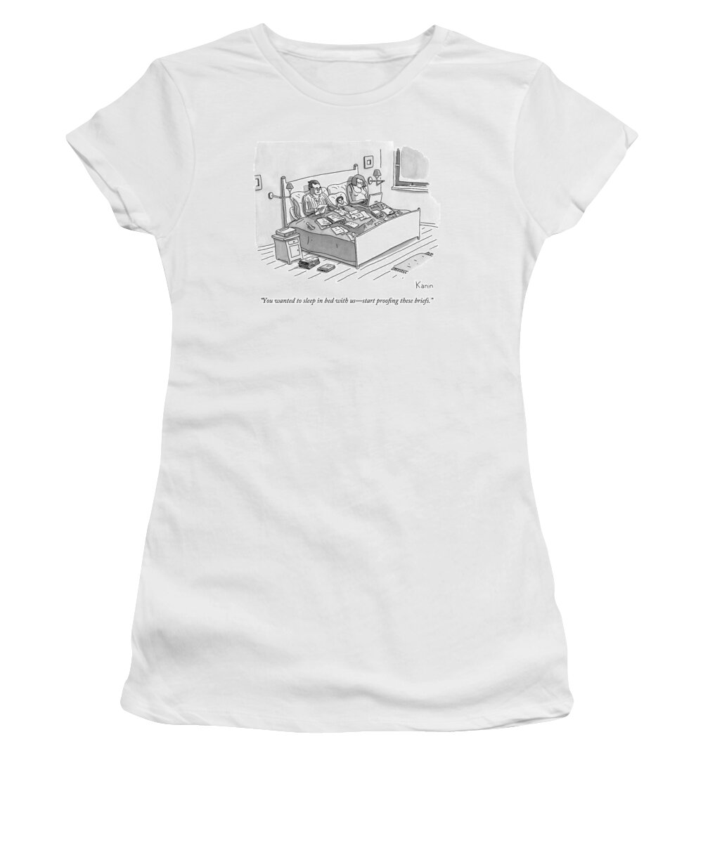 Parents Women's T-Shirt featuring the drawing A Boy Lays In Bed Between His Parents #1 by Zachary Kanin