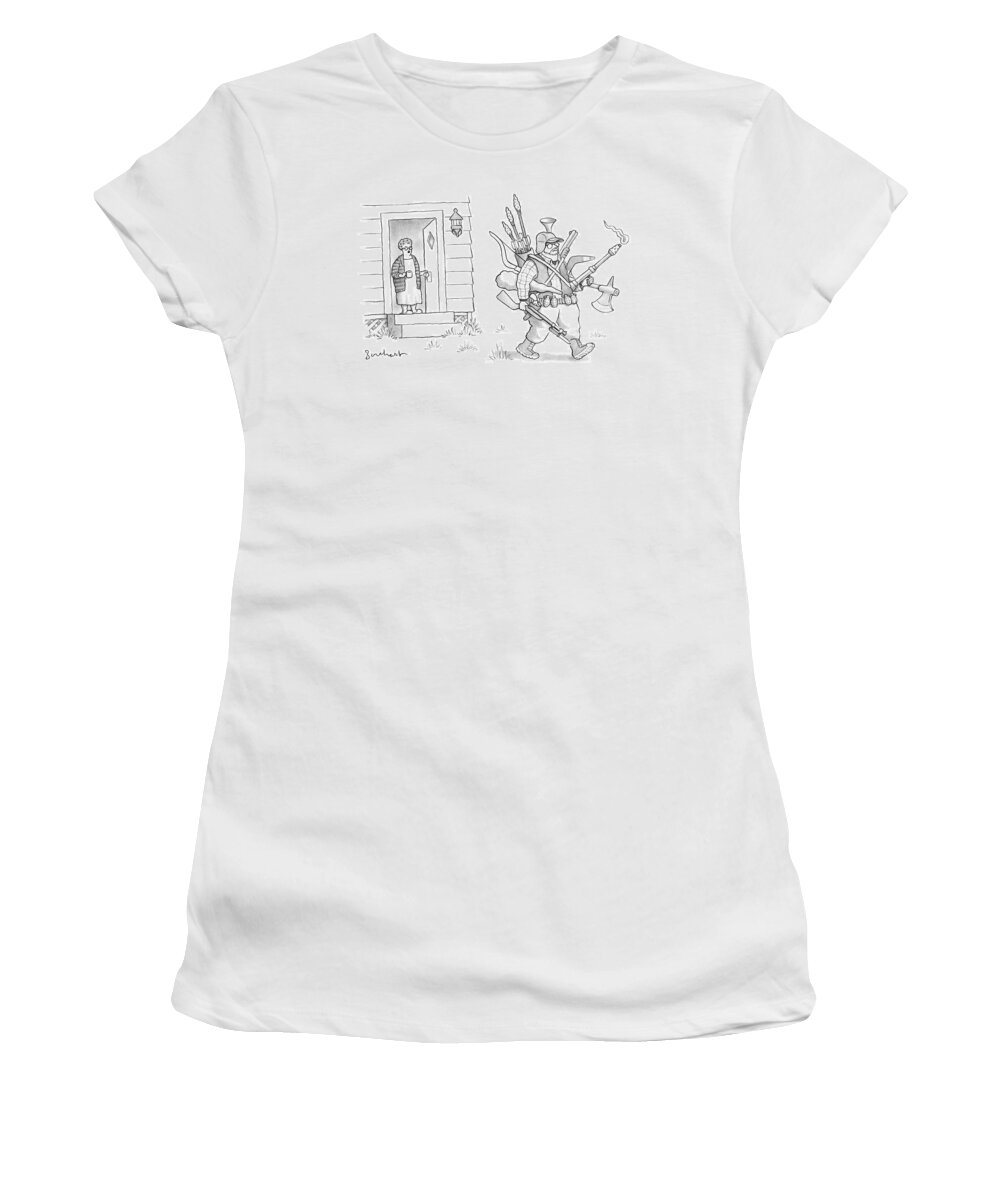#condenastnewyorkercartoon Women's T-Shirt featuring the drawing An Elderly Woman Calls Out From The Front Door #1 by David Borchart