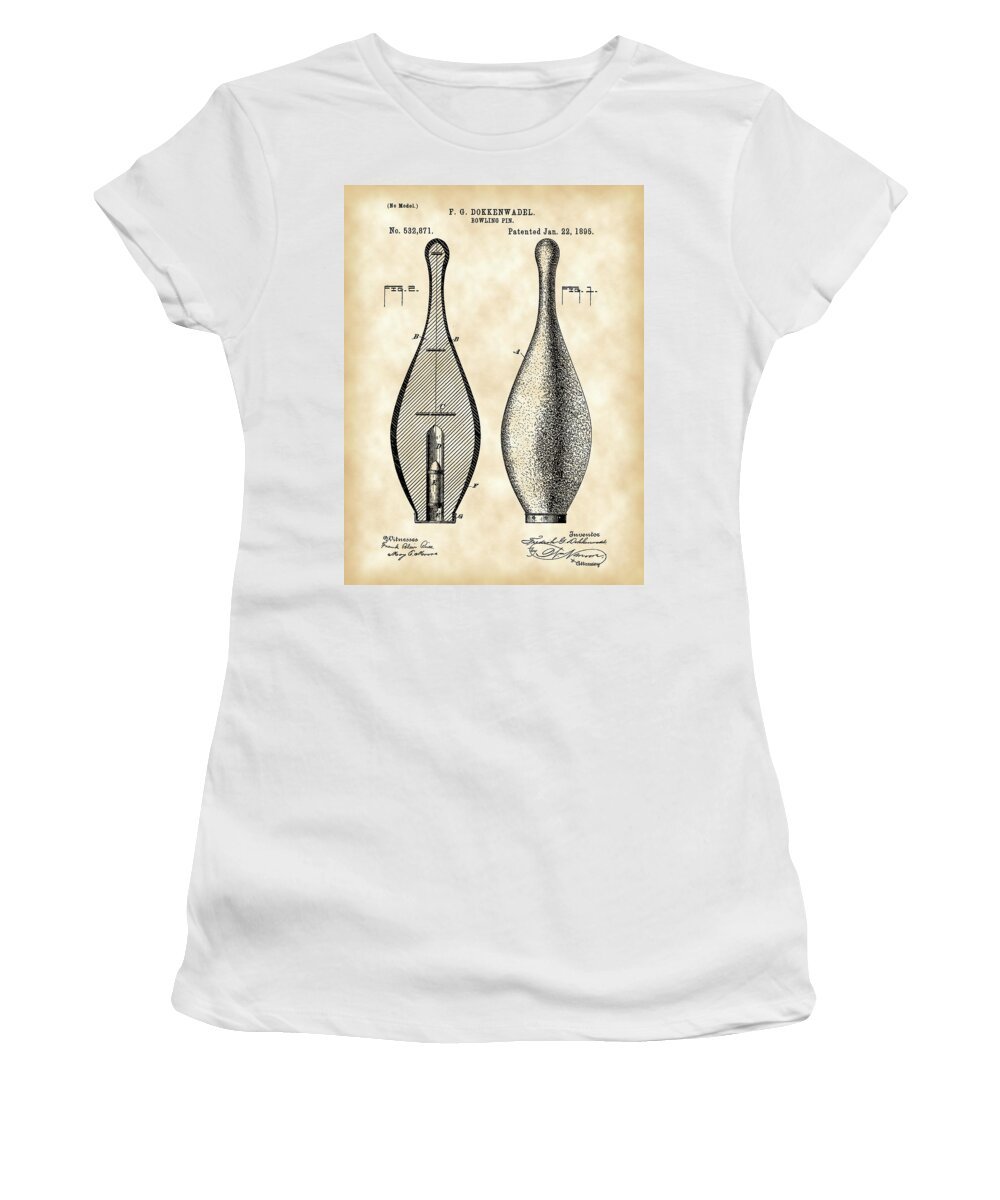 Patent Women's T-Shirt featuring the digital art Bowling Pin Patent 1895 - Vintage by Stephen Younts