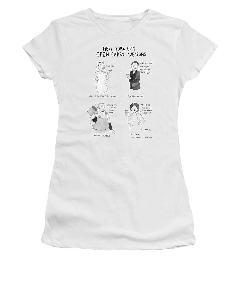 New York City Open-carry Weapons Women's T-Shirt featuring the drawing New York City Open Carry Weapons #1 by Emily Flake