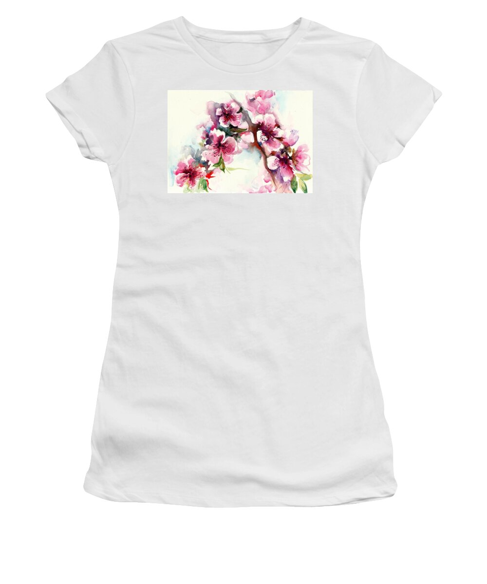 Cherry Women's T-Shirt featuring the painting Sakura - Cherry Tree Blossom Watercolor #2 by Tiberiu Soos