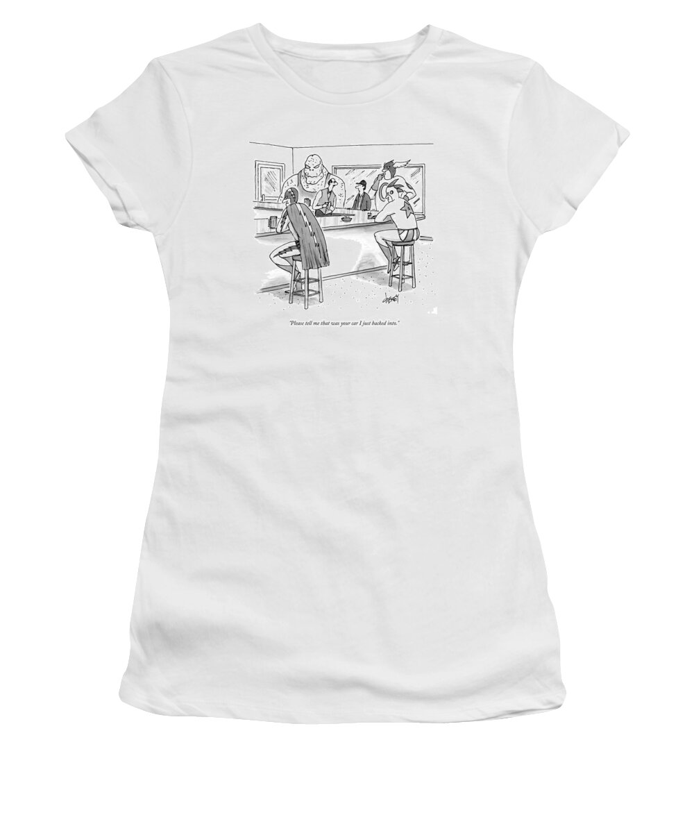 Super Heroes Women's T-Shirt featuring the drawing Several Super Heroes Sit Somewhat Dejectedly by Tom Cheney