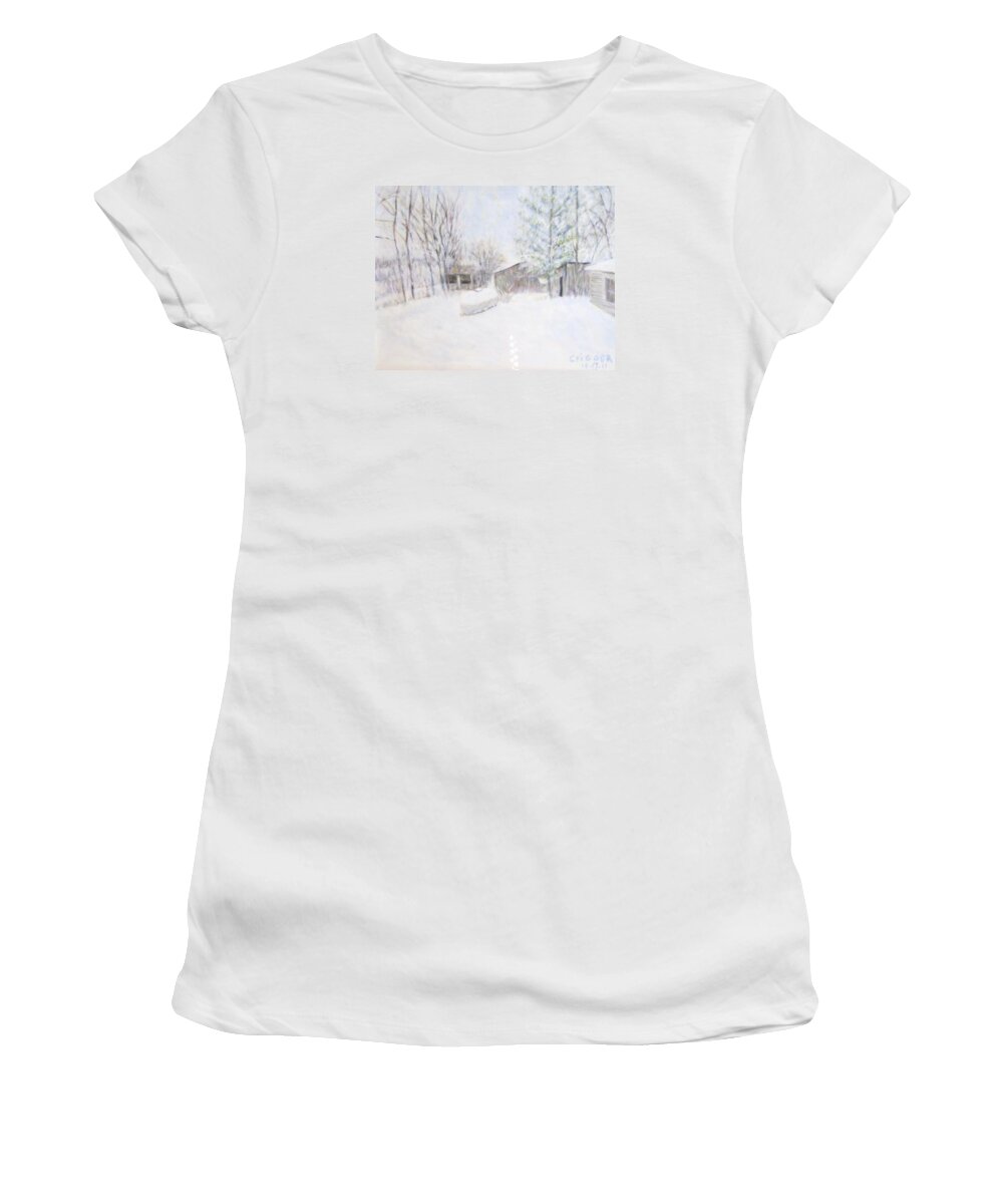 Impressionism Women's T-Shirt featuring the painting Snowy February Day by Glenda Crigger