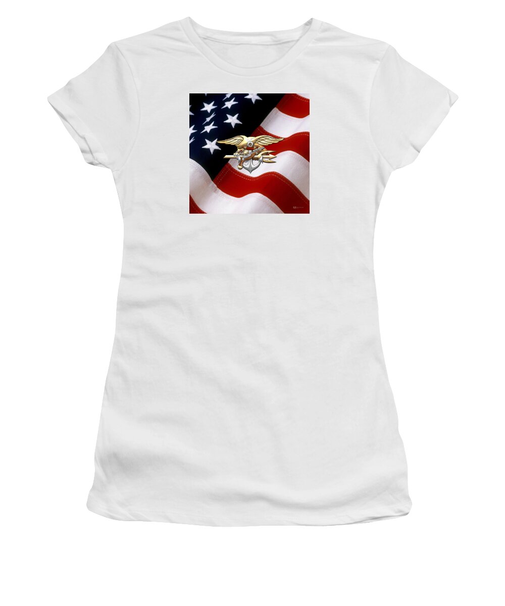 'military Insignia & Heraldry - Nswc' Collection By Serge Averbukh Women's T-Shirt featuring the digital art U. S. Navy S E A Ls Emblem over American Flag #2 by Serge Averbukh