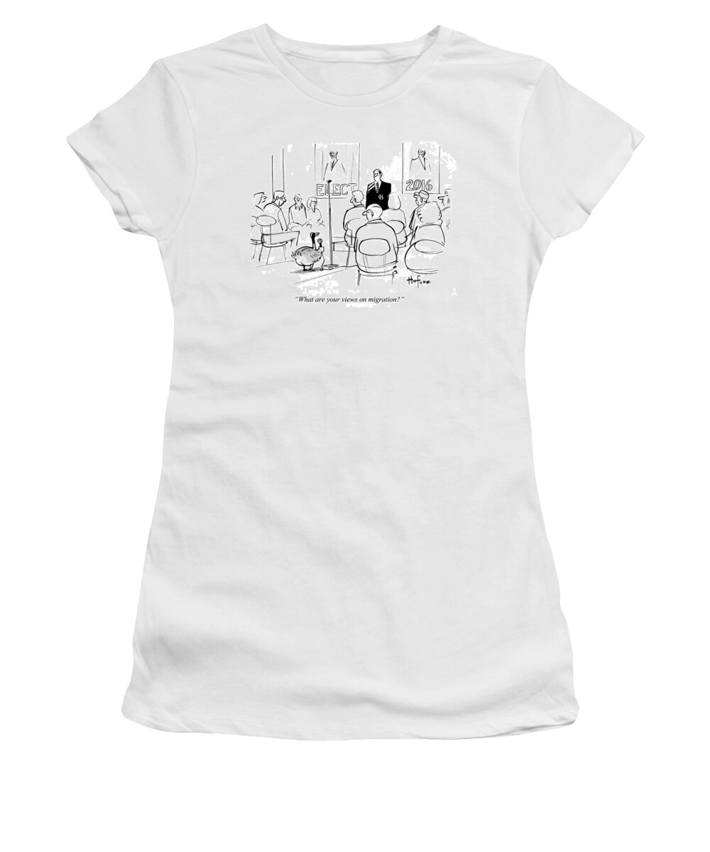 What Are Your Views On Migration?' Women's T-Shirt featuring the drawing What Are Your Views On Migration #1 by Kaamran Hafeez