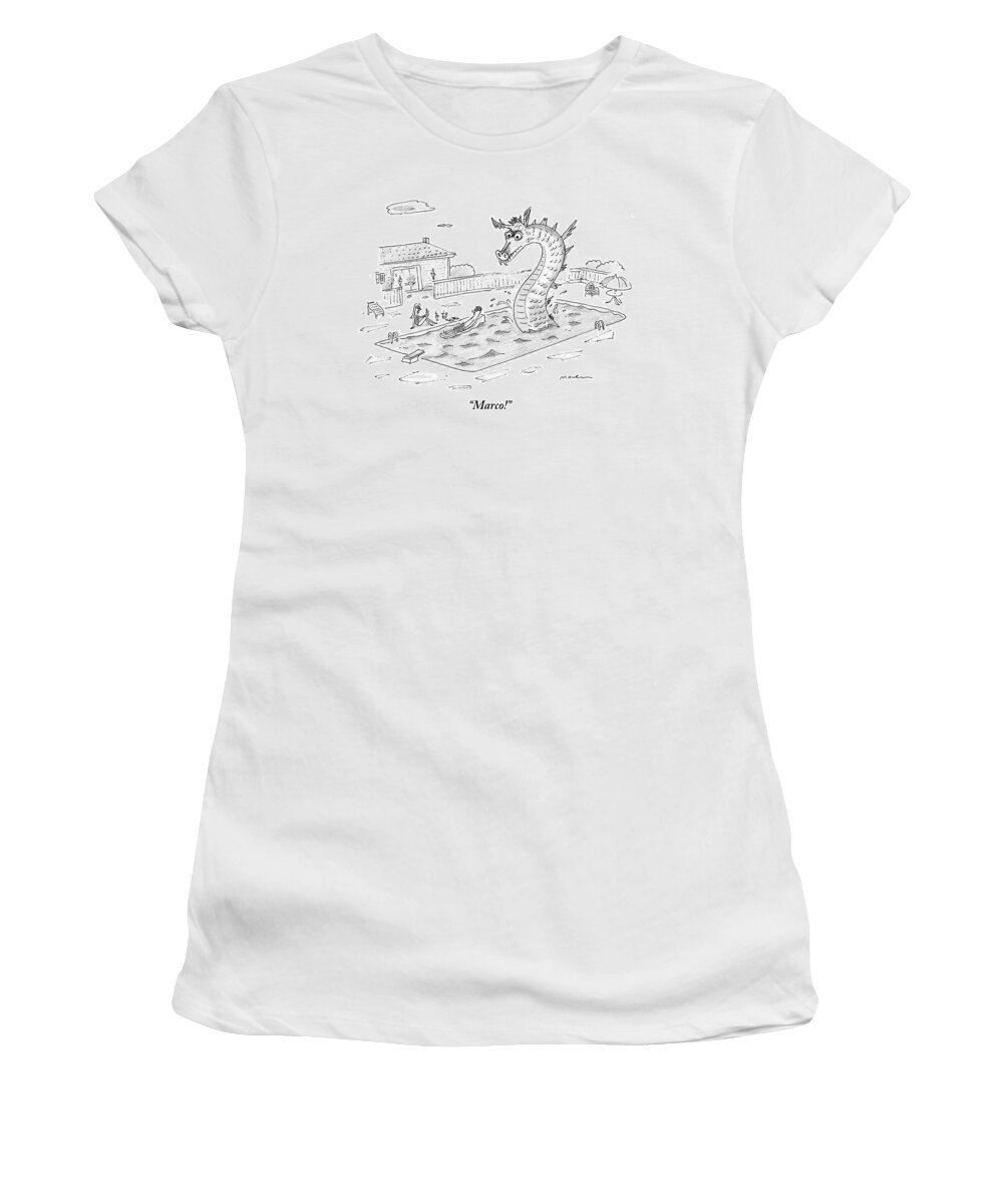 Swimming Pools Women's T-Shirt featuring the drawing Woman Speaks To Man In A Pool With The Lochness #1 by Michael Maslin