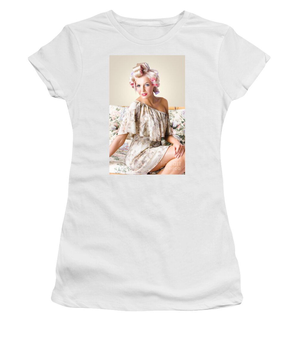 Hair Women's T-Shirt featuring the photograph Young beautiful woman. Immaculate blond hairstyle by Jorgo Photography