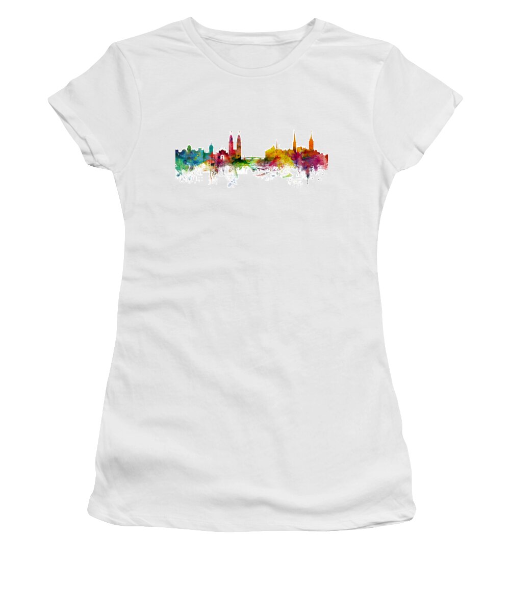 Zurich Women's T-Shirt featuring the digital art Zurich Switzerland Skyline #2 by Michael Tompsett