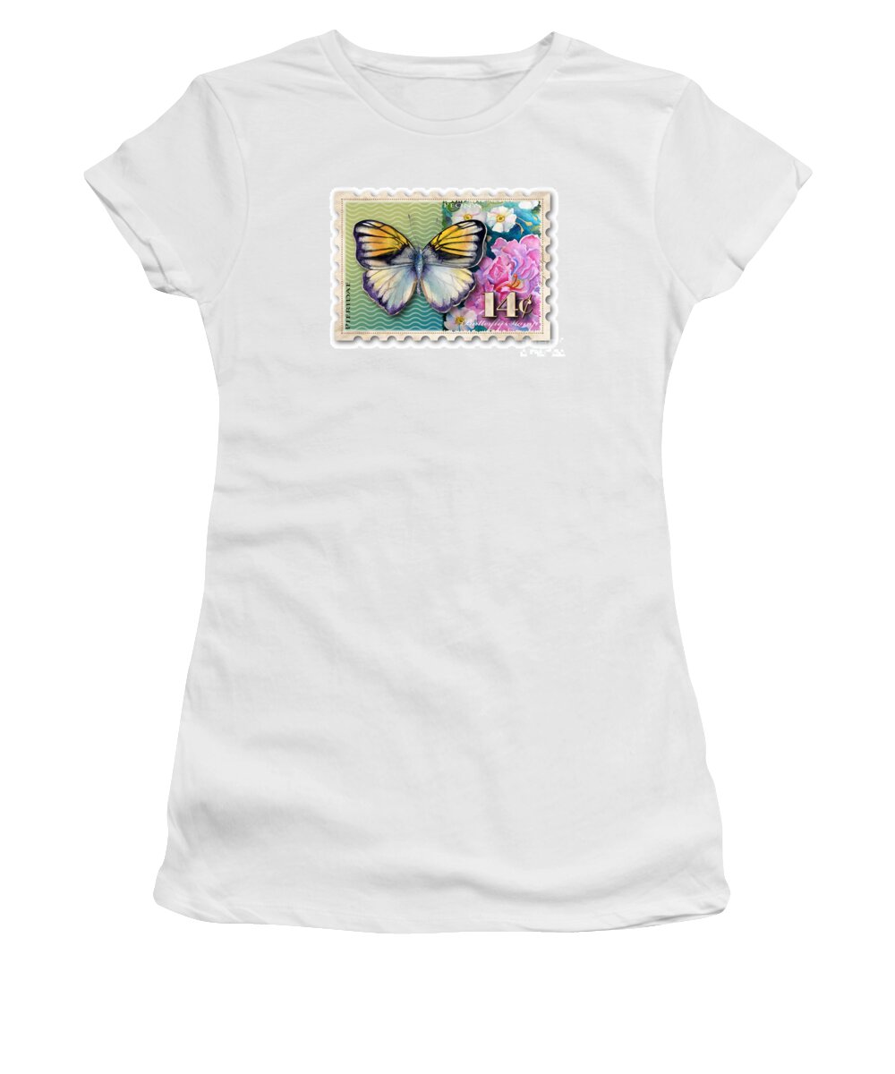 Pieridae Women's T-Shirt featuring the painting 14 Cent Butterfly Stamp by Amy Kirkpatrick