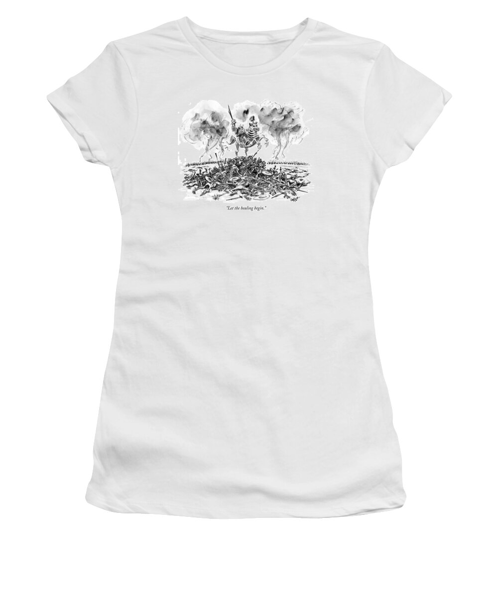 Violence Word Play 

(warrior On Horseback Atop Pile Of Corpses.) 121892 Llo Lee Lorenz Women's T-Shirt featuring the drawing Let The Healing Begin by Lee Lorenz