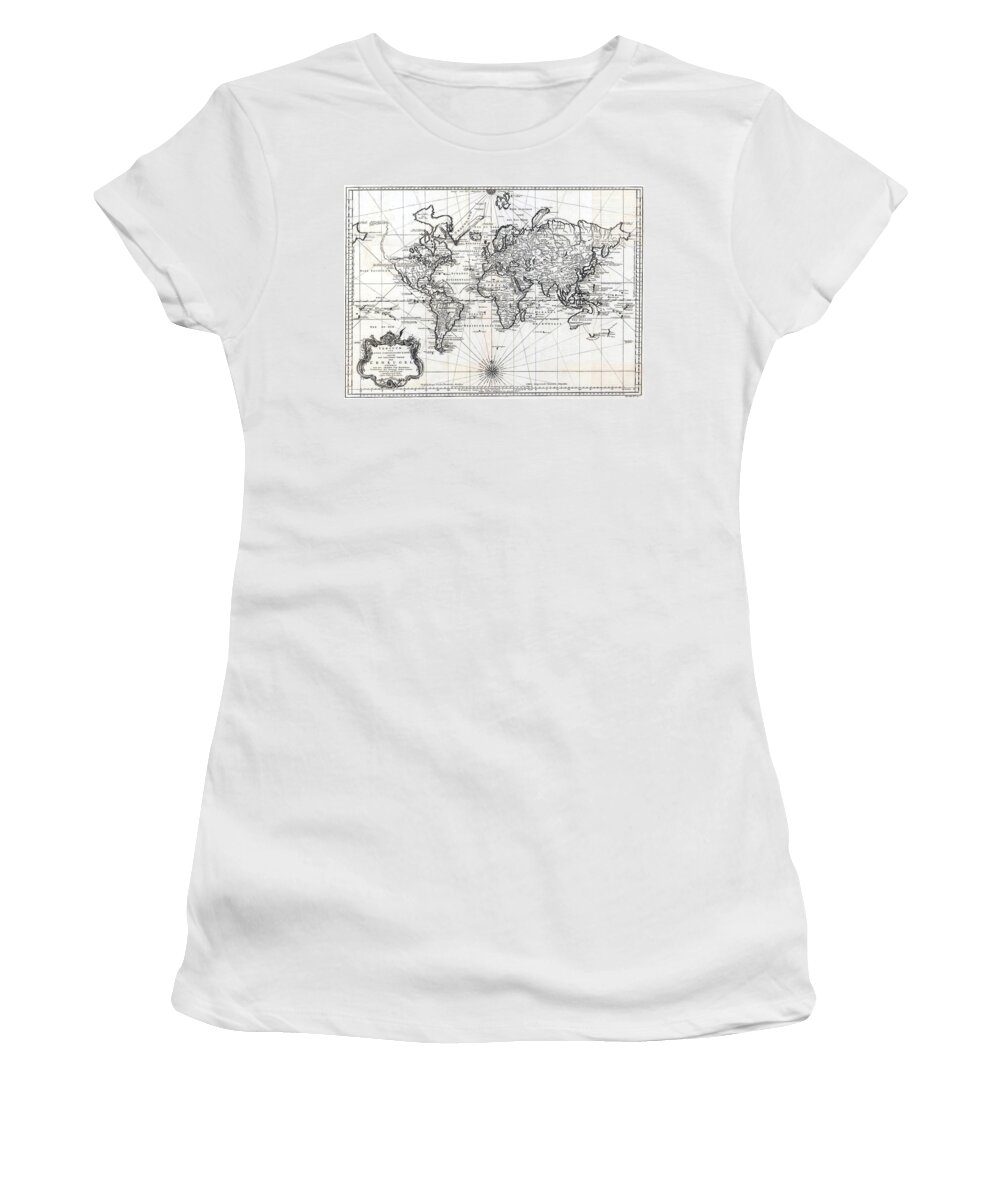 1748 Women's T-Shirt featuring the photograph 1748 Antique World Map Versuch von einer Kurzgefassten Karte by Karon Melillo DeVega