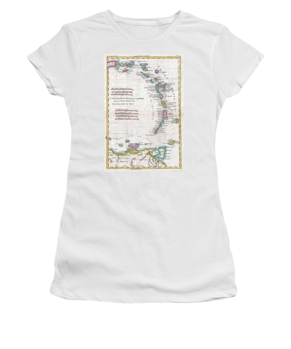 A Fine Example Of Rigobert Bonne And Guillaume Raynal’s 1780 Map Of The Lesser Antilles Women's T-Shirt featuring the photograph 1780 Raynal and Bonne Map of Antilles Islands by Paul Fearn