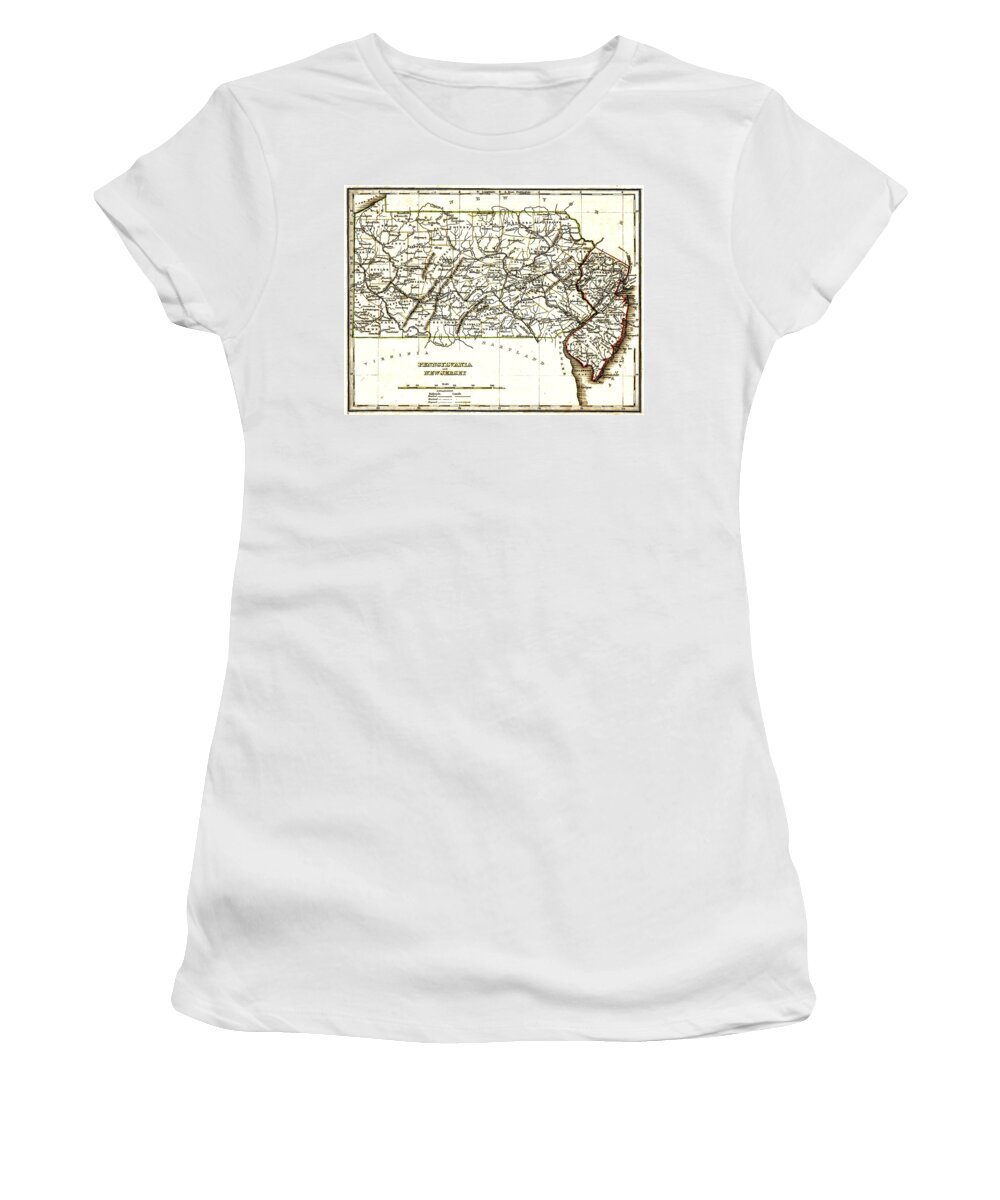 1835 Pennsylvania And New Jersey Map Women's T-Shirt featuring the drawing 1835 Pennsylvania and New Jersey Map by Bill Cannon