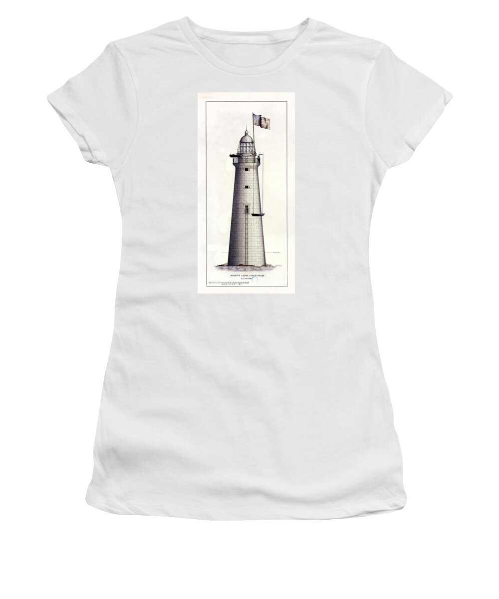 1852 Minot's Ledge Lighthouse Women's T-Shirt featuring the drawing 1852 Minot's Ledge Lighthouse #2 by Jon Neidert