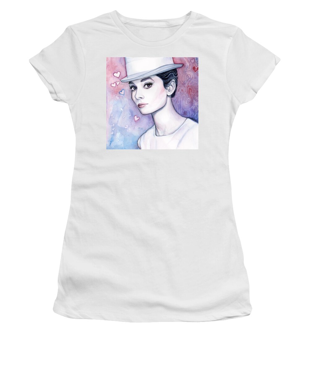 Audrey Women's T-Shirt featuring the painting Audrey Hepburn Fashion Watercolor #2 by Olga Shvartsur