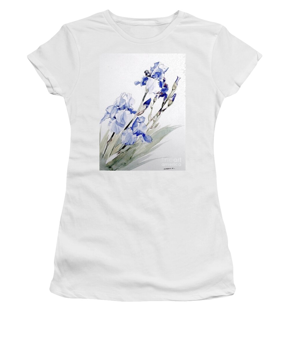 Greta Corens Watercolors Women's T-Shirt featuring the painting Blue Irises by Greta Corens