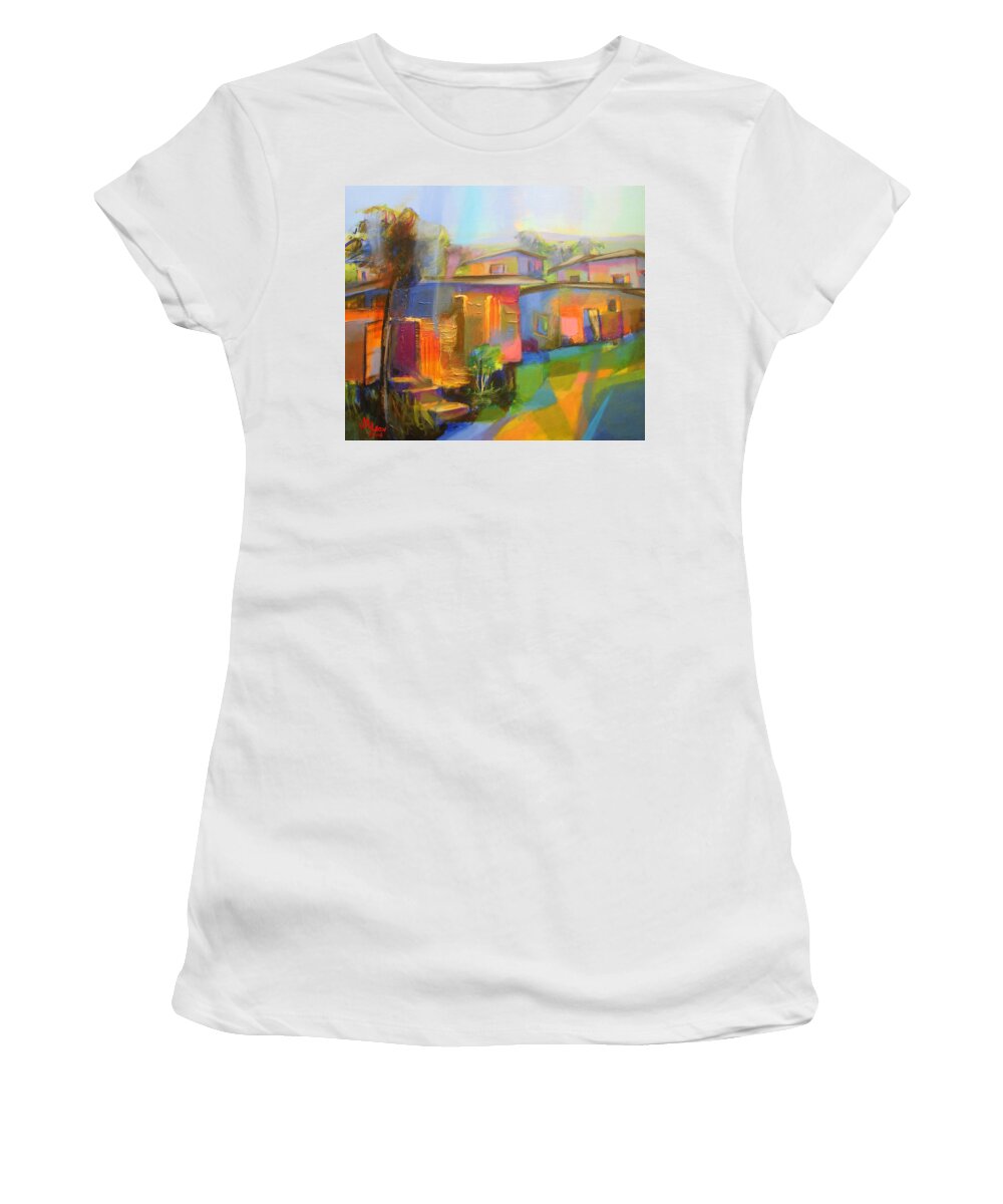 Abstract Women's T-Shirt featuring the painting Houses #2 by Cynthia McLean