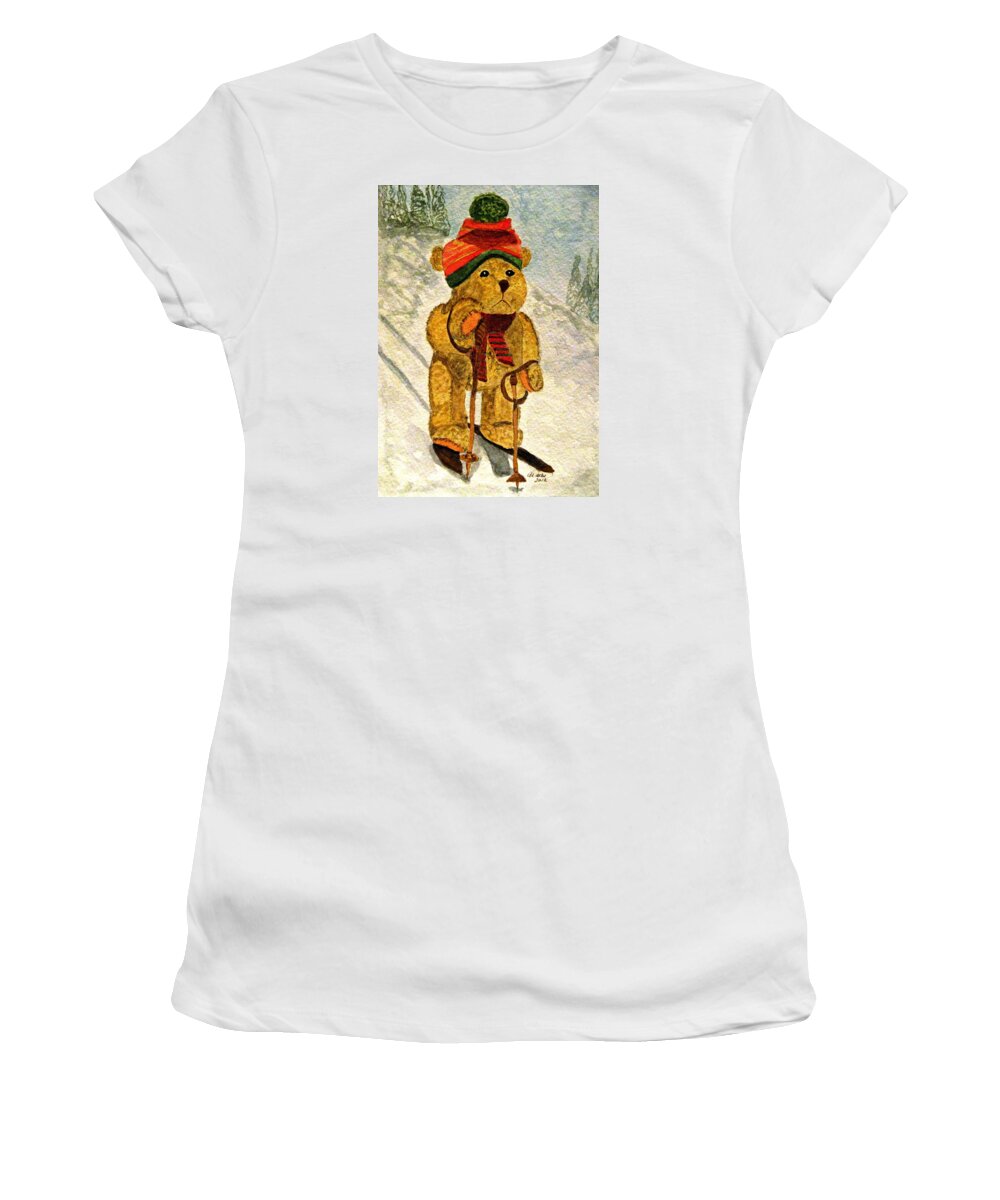 Bears Women's T-Shirt featuring the painting Learning To Ski by Angela Davies