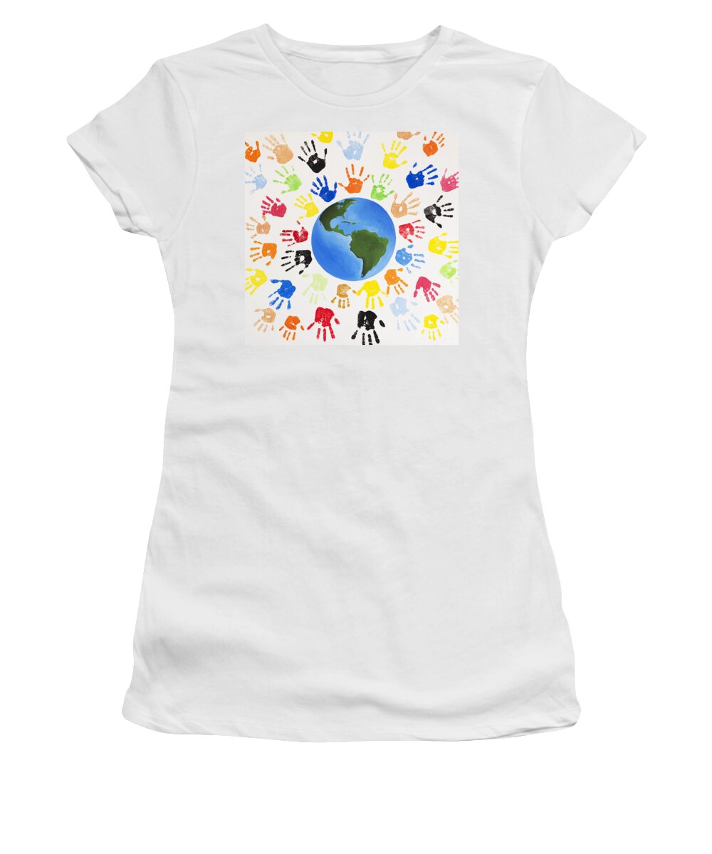 World Women's T-Shirt featuring the painting One World by Tim Gainey