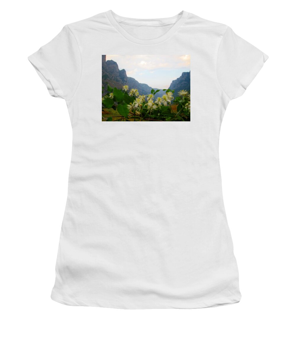 Alexandros Daskalakis Women's T-Shirt featuring the photograph Wild Flowers and Mountains #3 by Alexandros Daskalakis