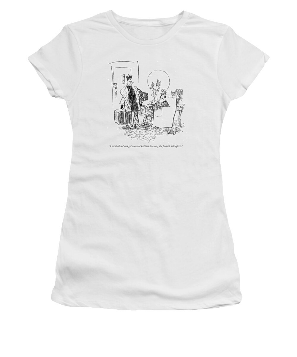 
(woman Leaving House With Luggage Talking To Older Woman.) 120812 Rwe Robert Weber Relationships Marriage Problems Word Play (daughter Returns Home Women's T-Shirt featuring the drawing I Went Ahead And Got Married Without Knowing by Robert Weber