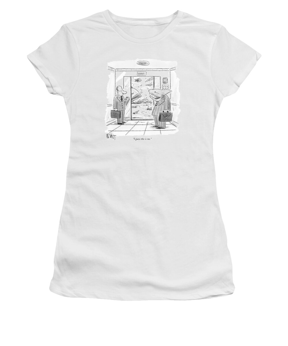 Interiors Sharks Talking 

(shark Wearing A Suit Getting Out Of Elevator At The Sea Floor Women's T-Shirt featuring the drawing I Guess This Is Me by Christopher Weyant