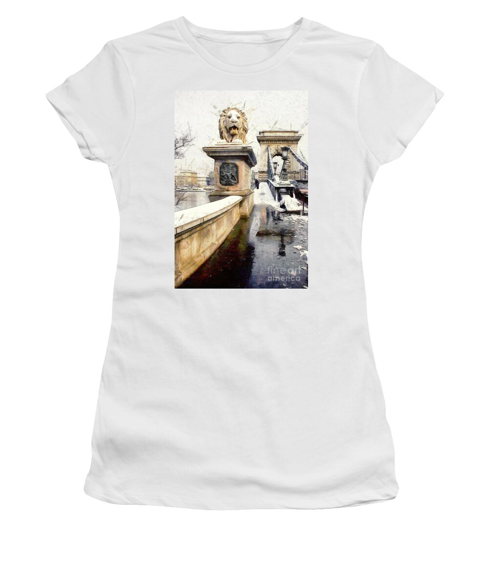  Women's T-Shirt featuring the painting Chain bridge in Budapest #3 by Odon Czintos