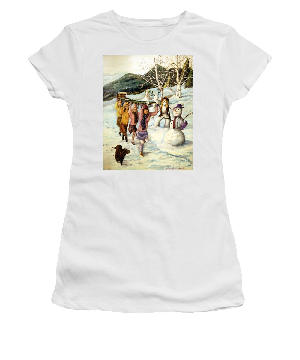 Dog Women's T-Shirt featuring the painting Frosty Frolic by Linda Simon