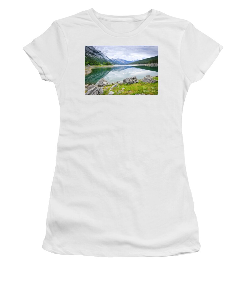 Jasper Women's T-Shirt featuring the photograph Mountain lake in Jasper National Park 1 by Elena Elisseeva