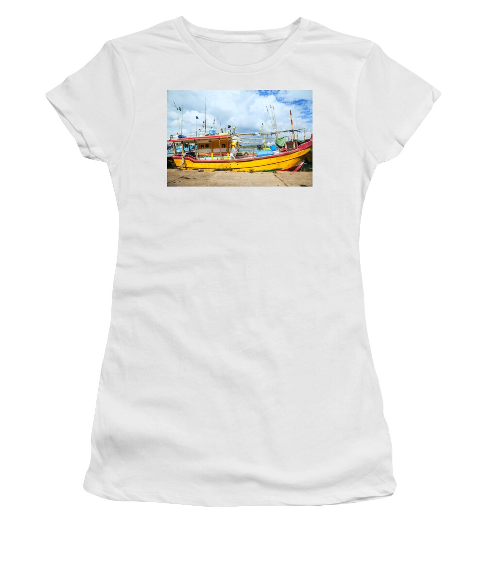 Harbor Women's T-Shirt featuring the photograph boats in the harbour of Mirissa on the tropical island of Sri Lanka #1 by Gina Koch
