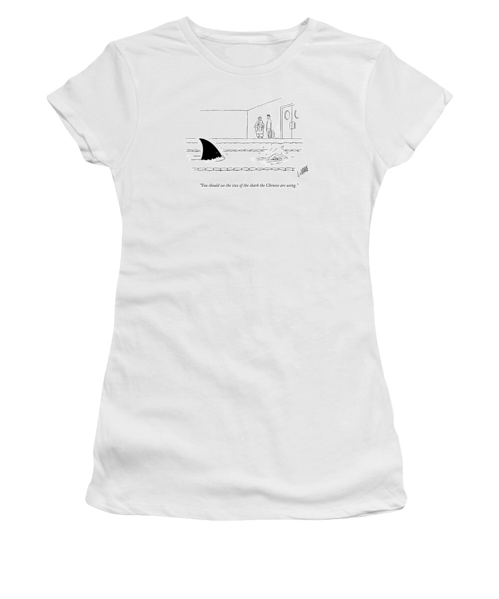 Swimming Women's T-Shirt featuring the drawing You Should See The Size Of The Shark The Chinese by Glen Le Lievre