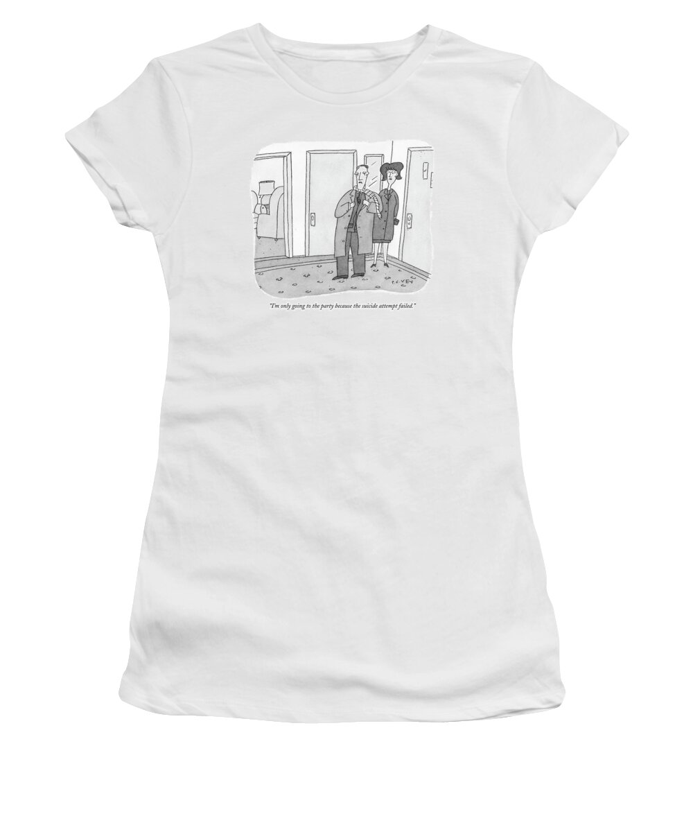 Death Relationships Problems Parties

(man Talking To His Wife As He Puts On His Coat With A Broken Noose Still Around His Neck. ) 121712  Pve Peter C. Vey Peter Vey Pc Peter C. Vey P.c. Women's T-Shirt featuring the drawing I'm Only Going To The Party Because The Suicide by Peter C. Vey