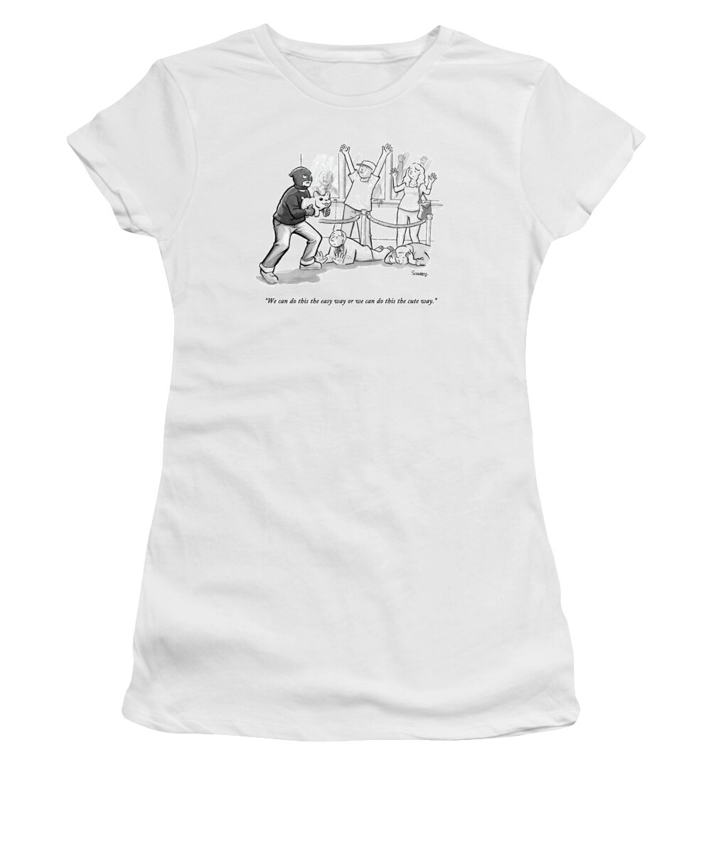 Hello Kitty Women's T-Shirt featuring the drawing A Bank Robber Points A Hellokitty Doll At Scared by Benjamin Schwartz
