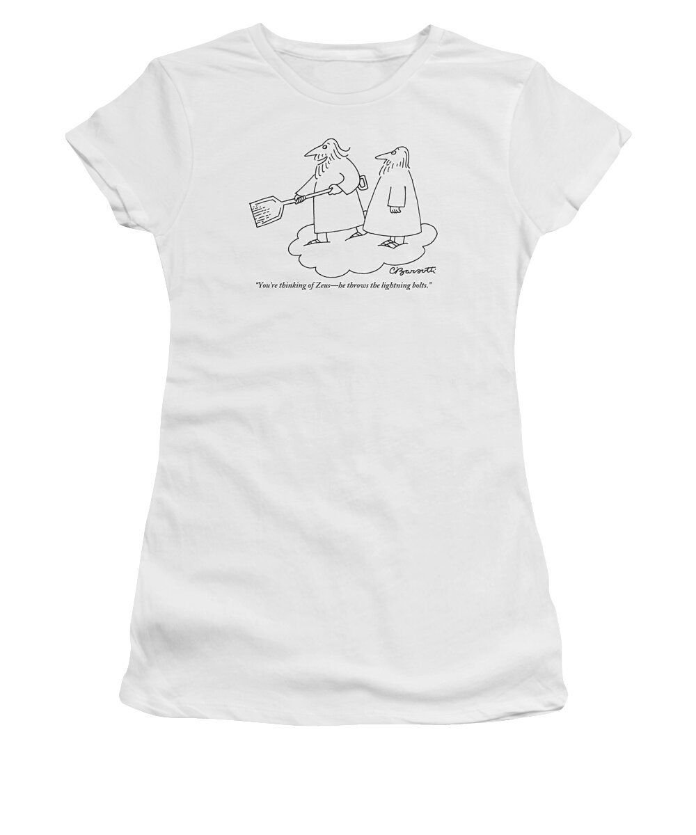 Zeus Women's T-Shirt featuring the drawing A Bearded Man Standing On A Cloud Is Shoveling by Charles Barsotti