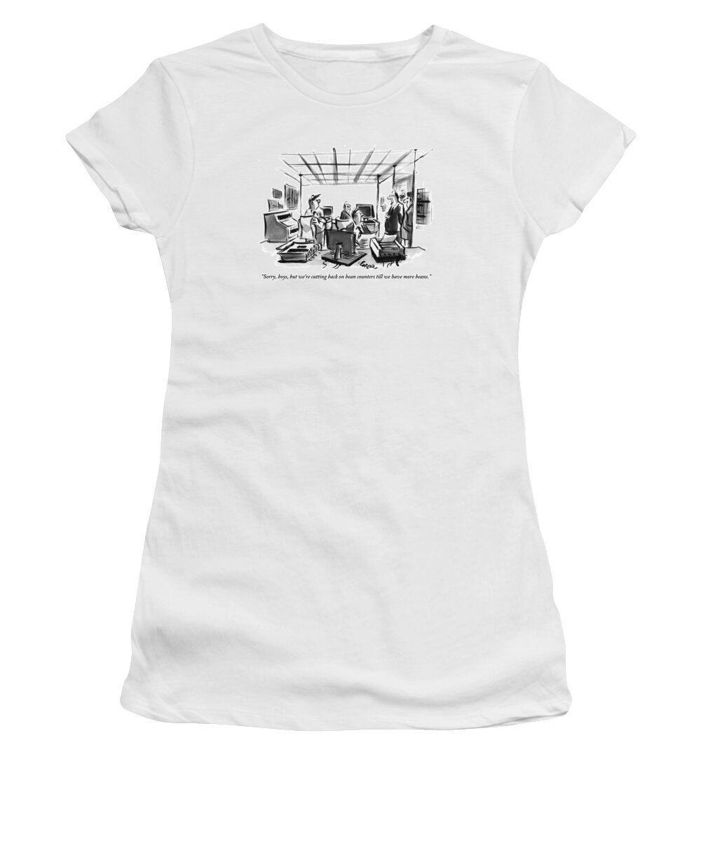 Fired/firing Women's T-Shirt featuring the drawing A Boss Sits At His Desk Addressing Three by Lee Lorenz