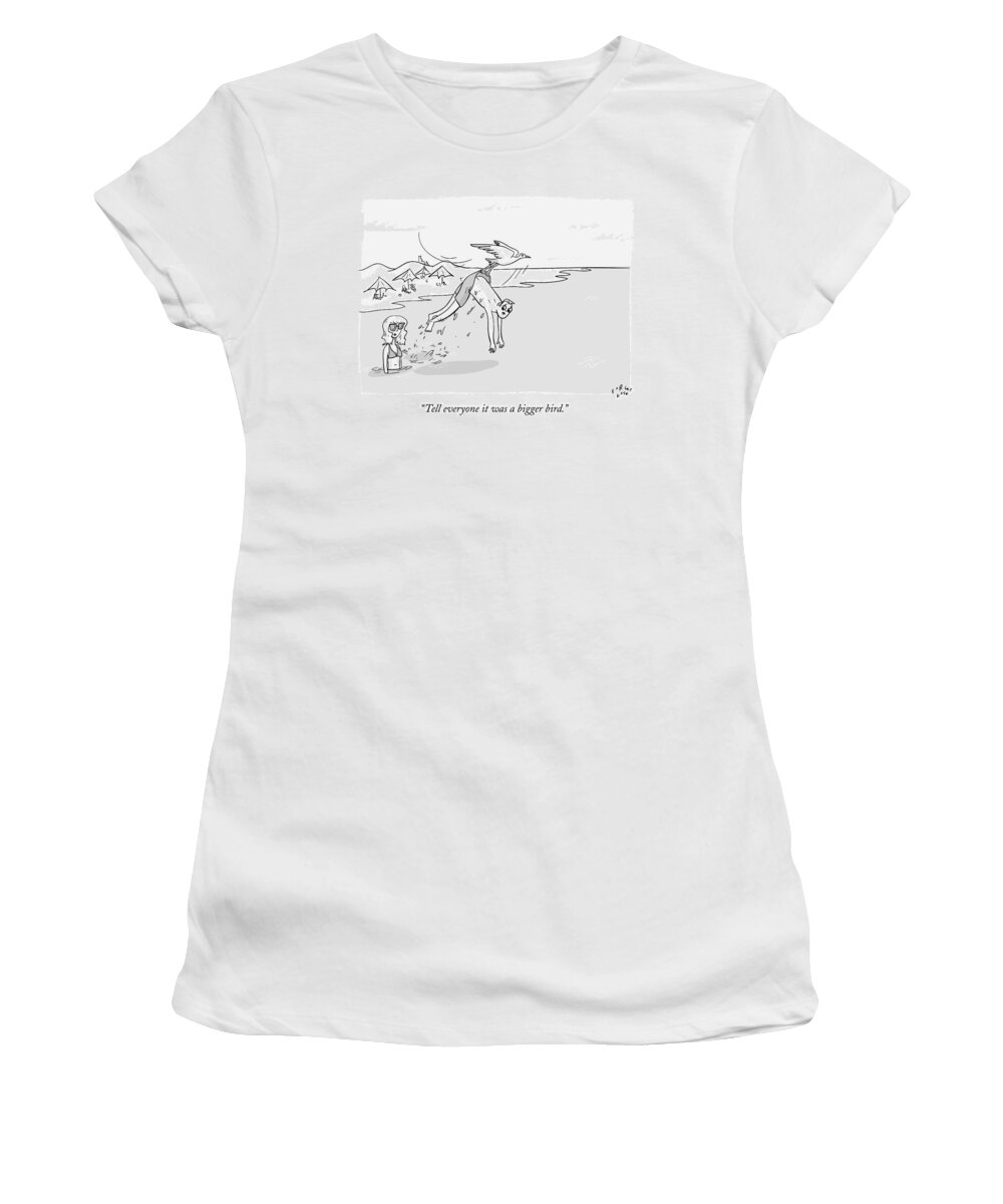 Beach Women's T-Shirt featuring the drawing A Boy Is Carried Away By A Seagull by Farley Katz