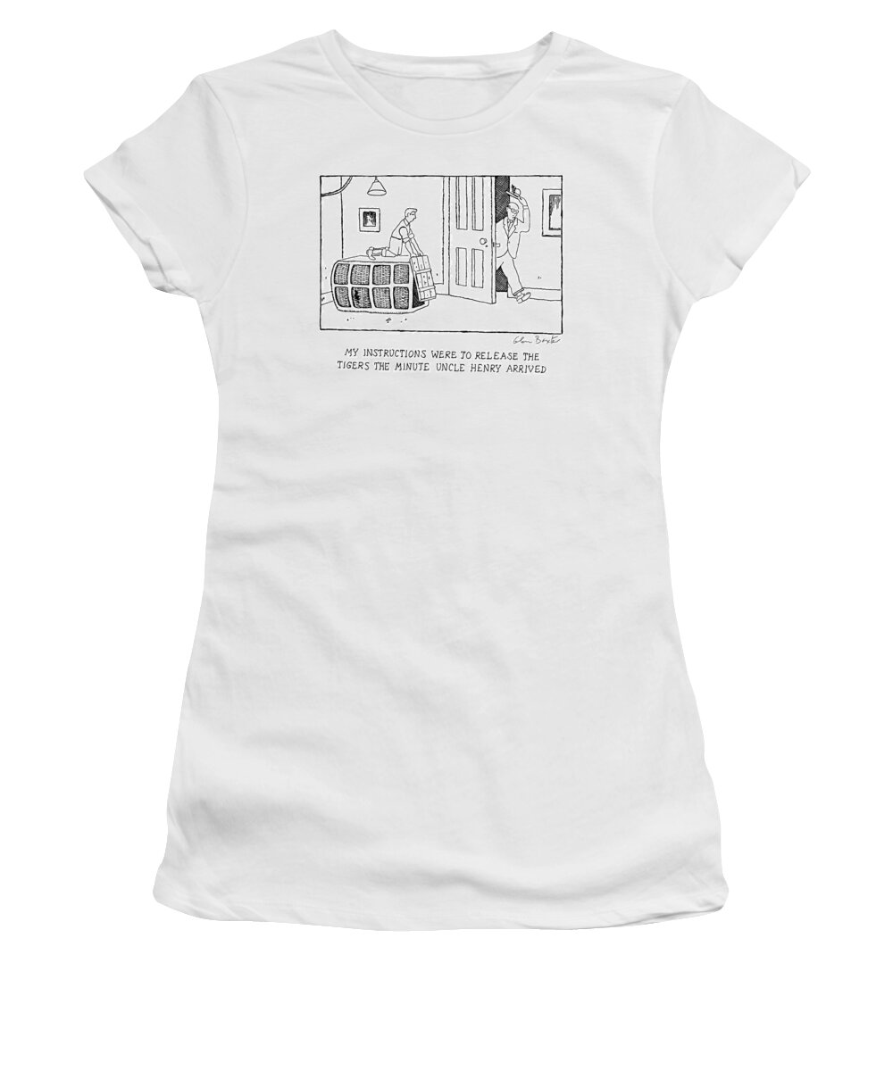 Tigers/lions Women's T-Shirt featuring the drawing A Boy Prepares To Release A Lion From A Cage by Glen Baxter