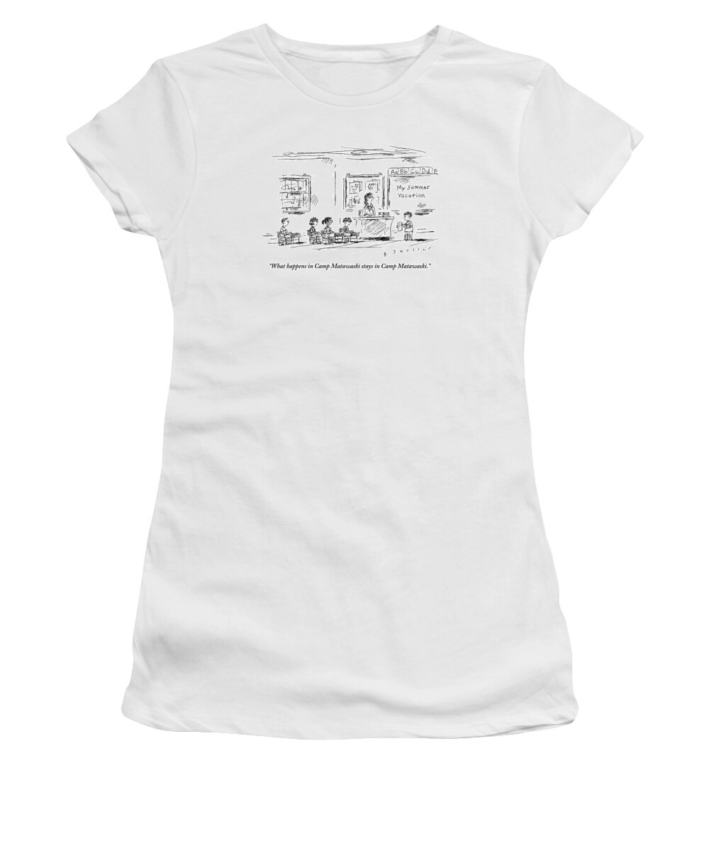 School Women's T-Shirt featuring the drawing A Boy Reads A Report On His Summer Vacation by Barbara Smaller