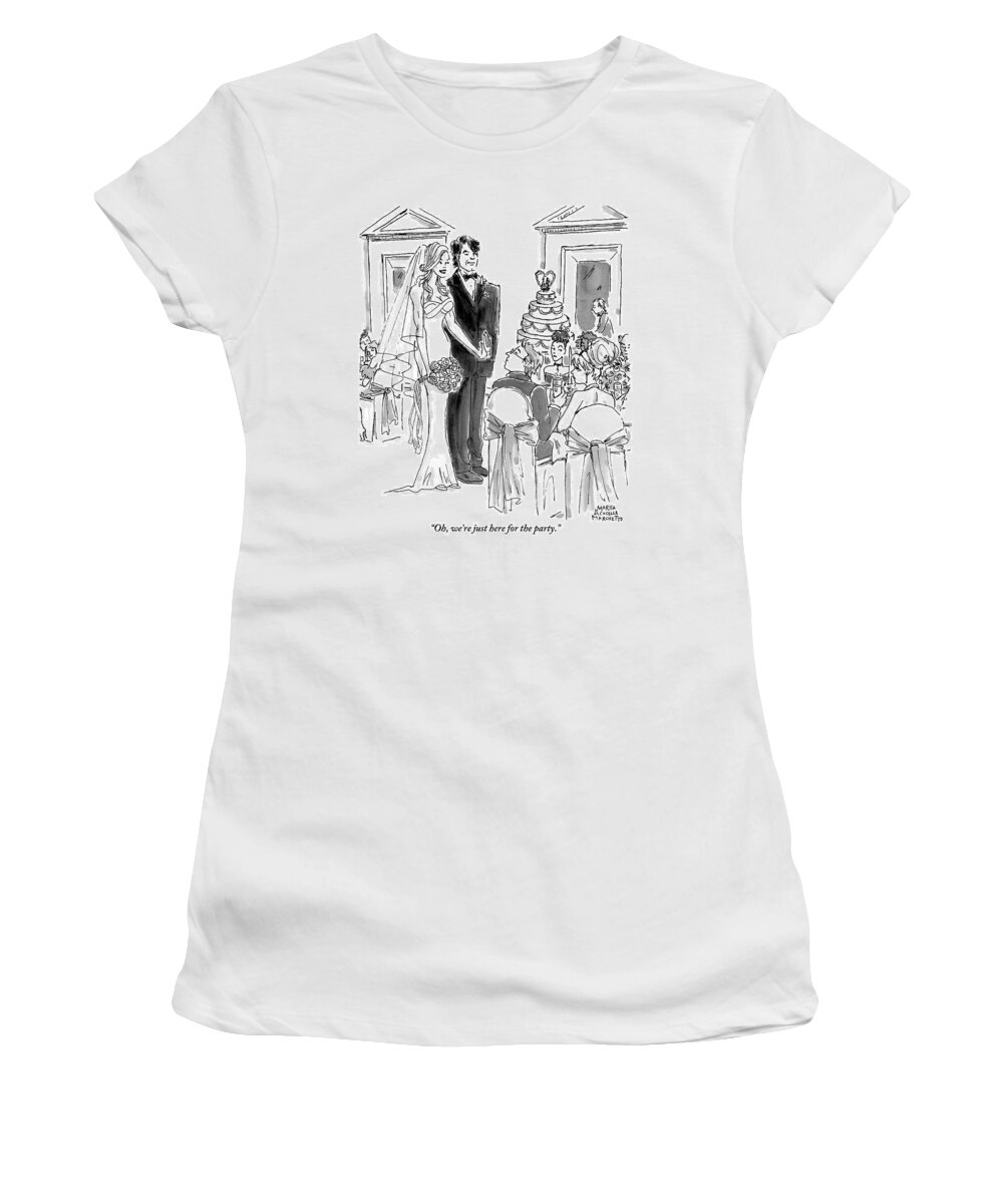 Marriages Women's T-Shirt featuring the drawing A Bride And Groom To The Guests At Their Wedding by Marisa Acocella Marchetto