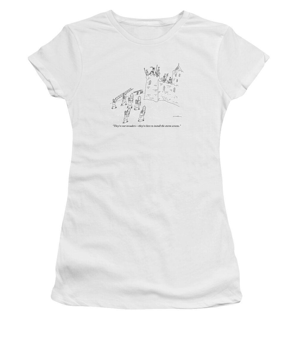 Windows Women's T-Shirt featuring the drawing A Bunch Of Commoners File Toward A Castle by Michael Maslin