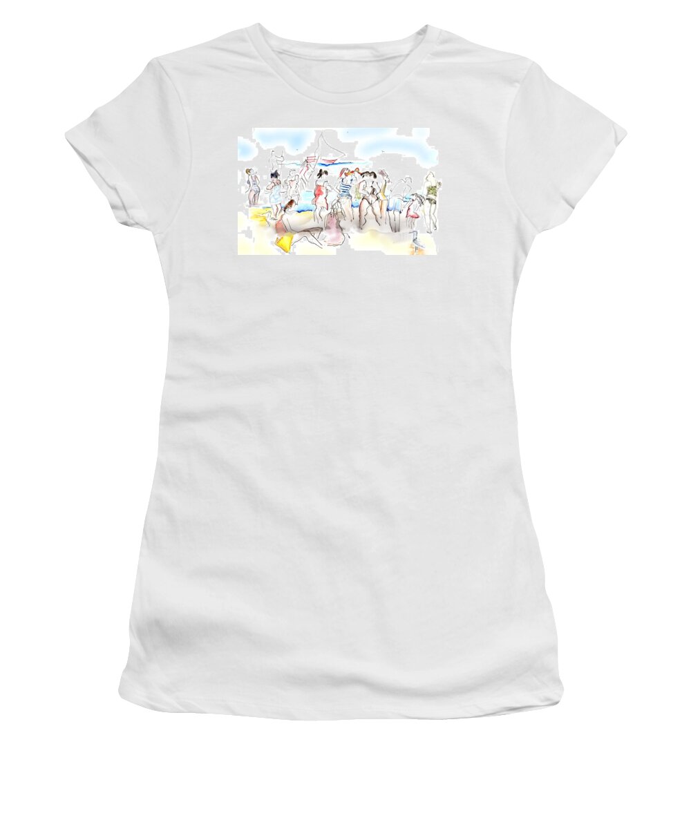 Beach Women's T-Shirt featuring the painting A Busy Day at the Beach by Carolyn Weltman