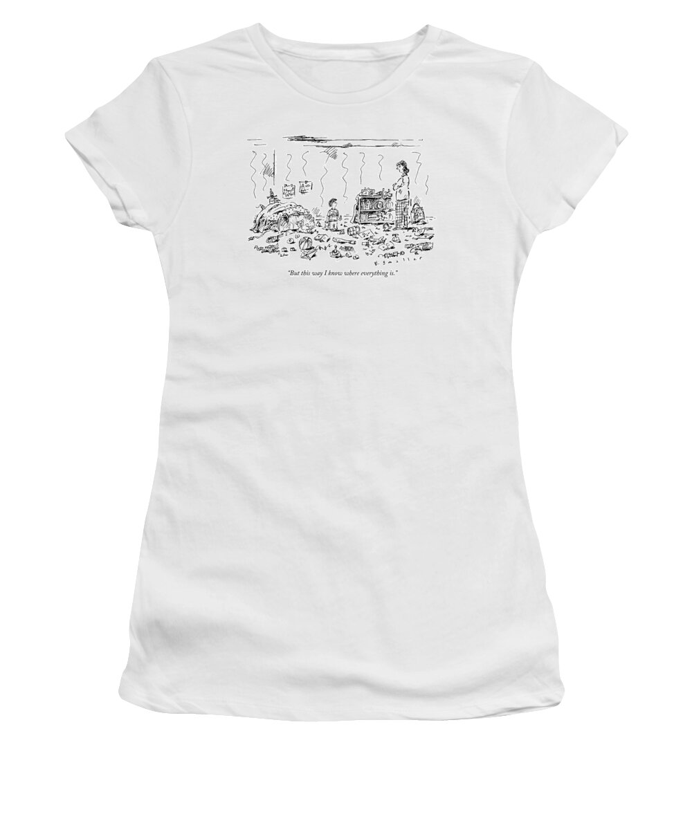 Child-rearing Women's T-Shirt featuring the drawing A Child And Mother Discussing A Very Messy Room by Barbara Smaller