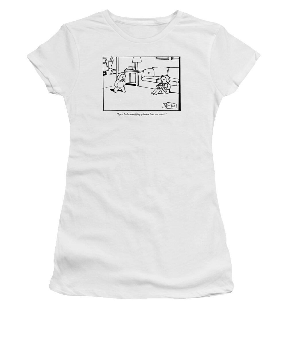 Snack Women's T-Shirt featuring the drawing A Child Speaks To Another Child Who Is Reading by Bruce Eric Kaplan