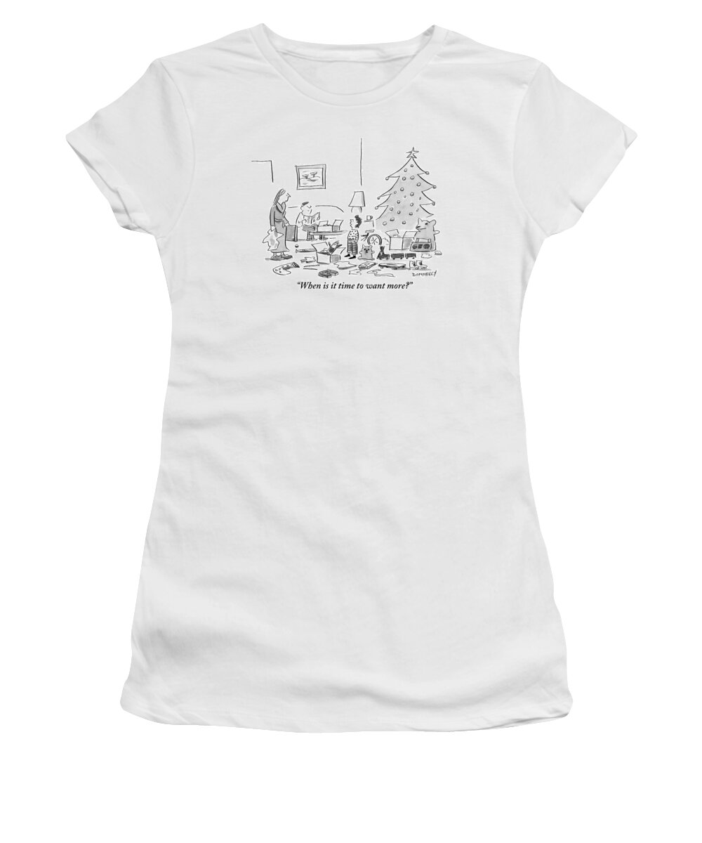 More Women's T-Shirt featuring the drawing A Child Talks To His Mother And Father by Liza Donnelly