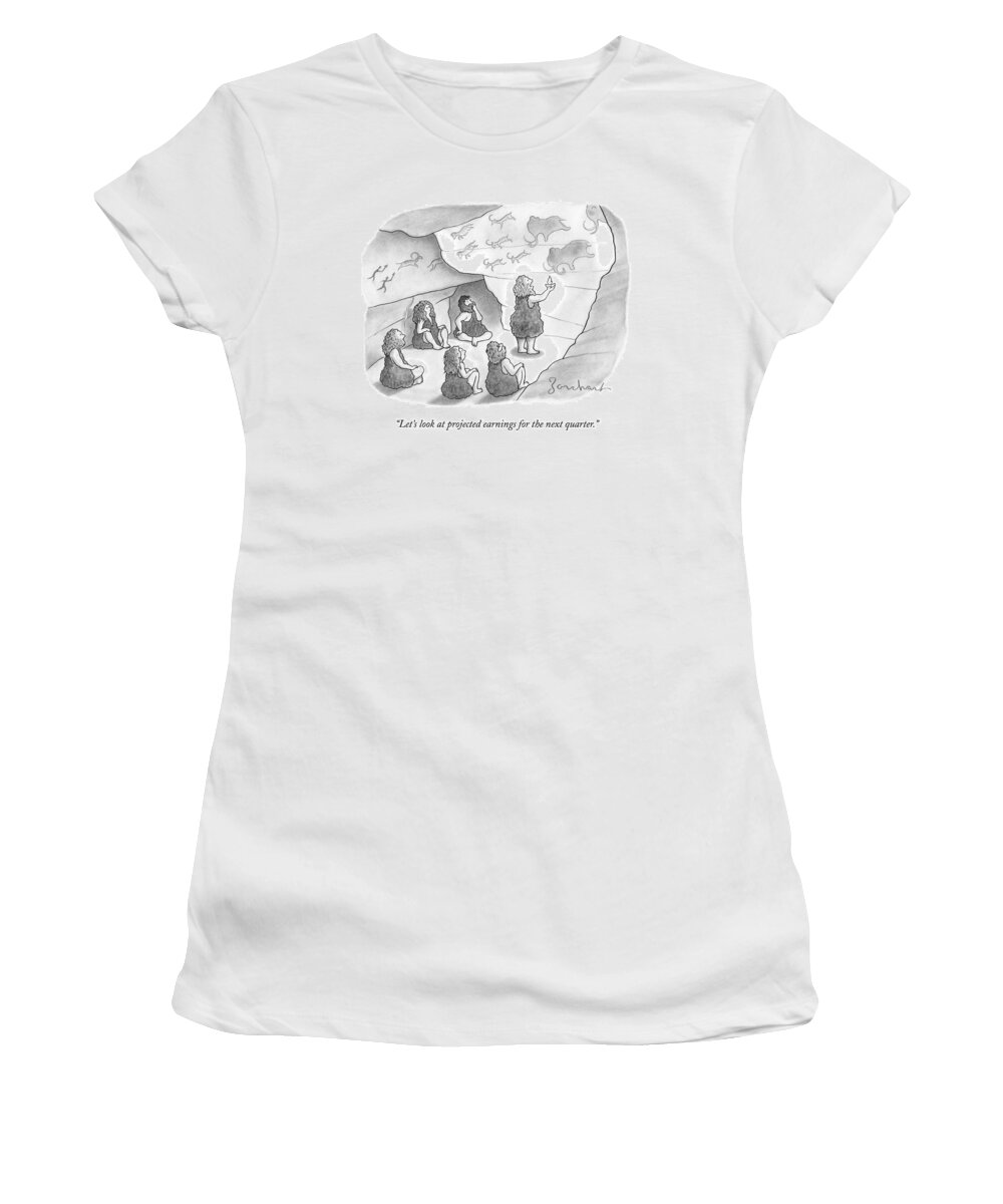 Business Meetings Women's T-Shirt featuring the drawing A Circle Of Cavemen Sit Around One Caveman Who by David Borchart