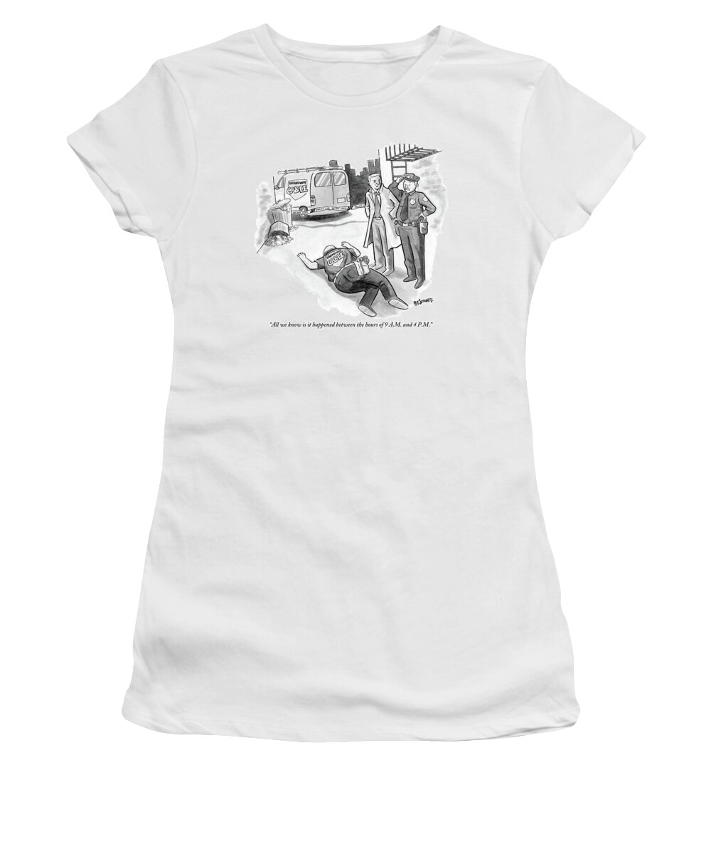 Cable Women's T-Shirt featuring the drawing A Cop And A Detective Stand Over The Face-down by Benjamin Schwartz