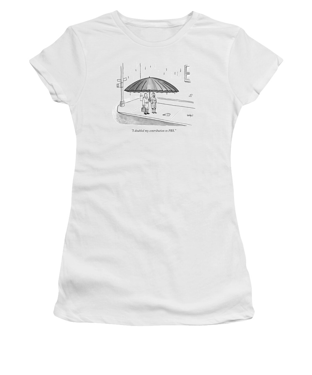 Umbrella Women's T-Shirt featuring the drawing A Couple Under A Gigantic Umbrella On A City by Robert Leighton